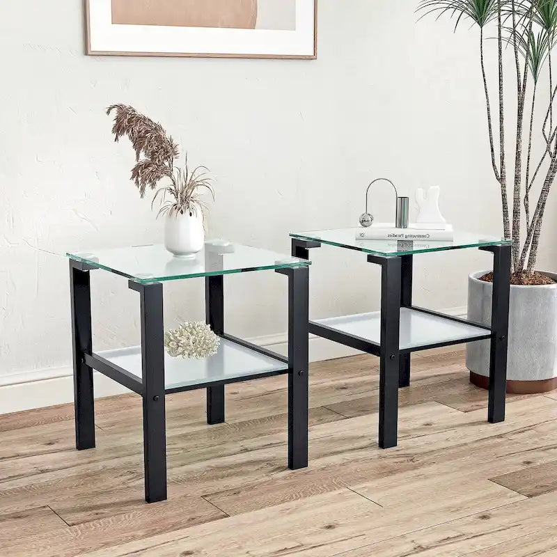 Juego de 2 mesas de té de vidrio de dos niveles, mesa redonda pequeña, mesa de rincón para dormitorio, mesa auxiliar para sala, negras