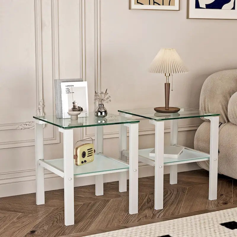 Juego de 2 mesas de té de vidrio de dos niveles, mesa redonda pequeña, mesa de rincón para dormitorio, mesa auxiliar para sala, negras