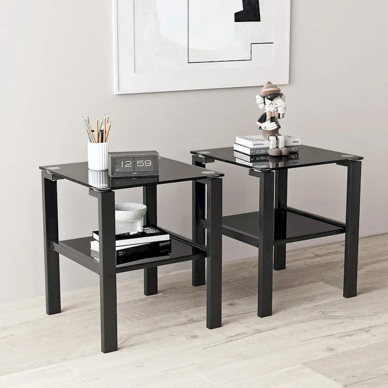 Juego de 2 mesas de té de vidrio de dos niveles, mesa redonda pequeña, mesa de rincón para dormitorio, mesa auxiliar para sala, negras