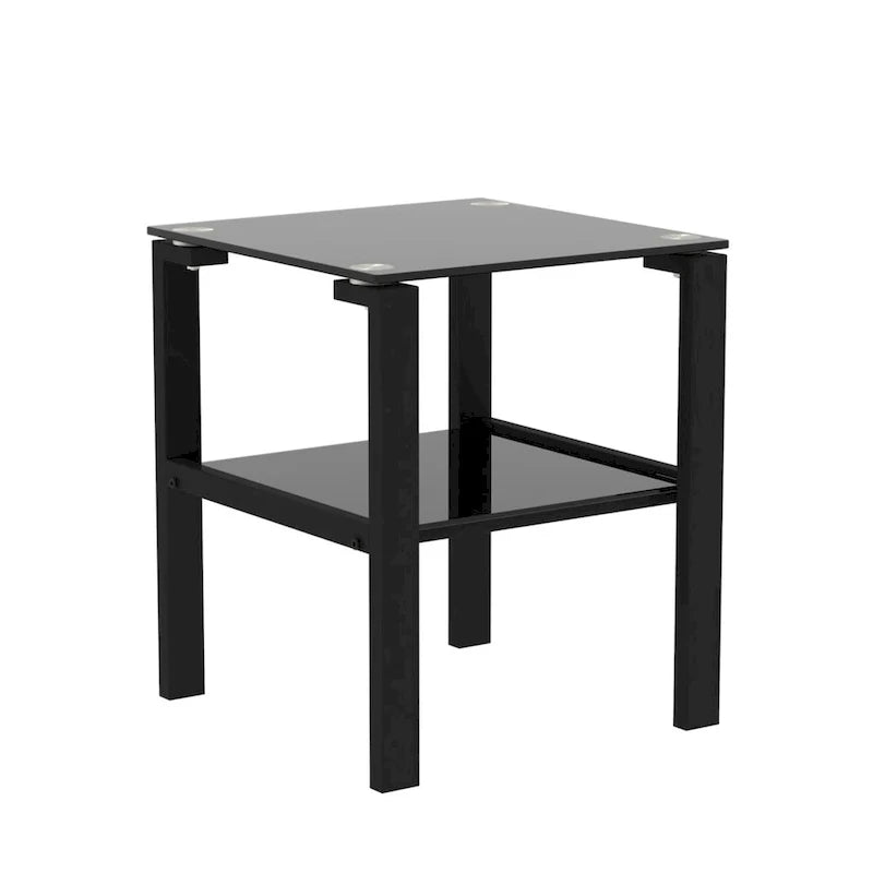 Juego de 2 mesas de té de vidrio de dos niveles, mesa redonda pequeña, mesa de rincón para dormitorio, mesa auxiliar para sala, negras