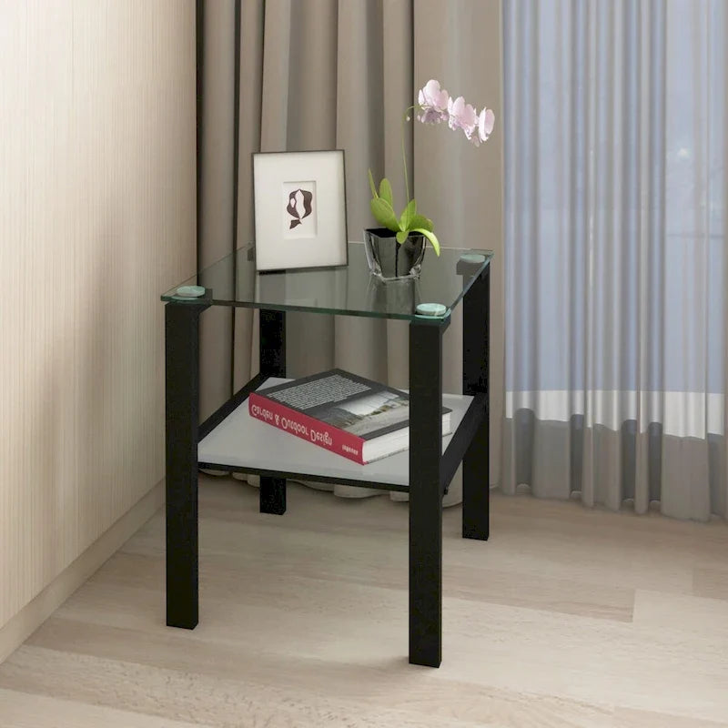 Set of 2, Glass two layer tea table, small round table, bedroom corner table, living room side table,Black