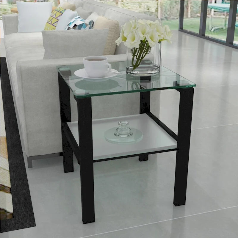 Set of 2, Glass two layer tea table, small round table, bedroom corner table, living room side table,Black
