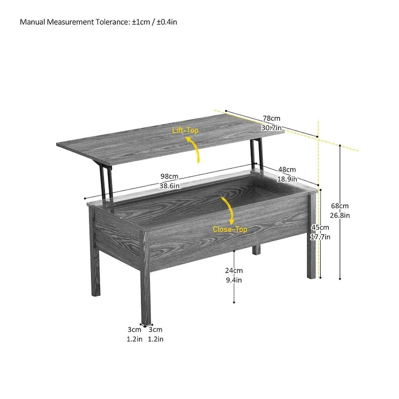 Mesa de centro moderna de madera gris claro con tapa elevable y almacenamiento oculto para la sala
