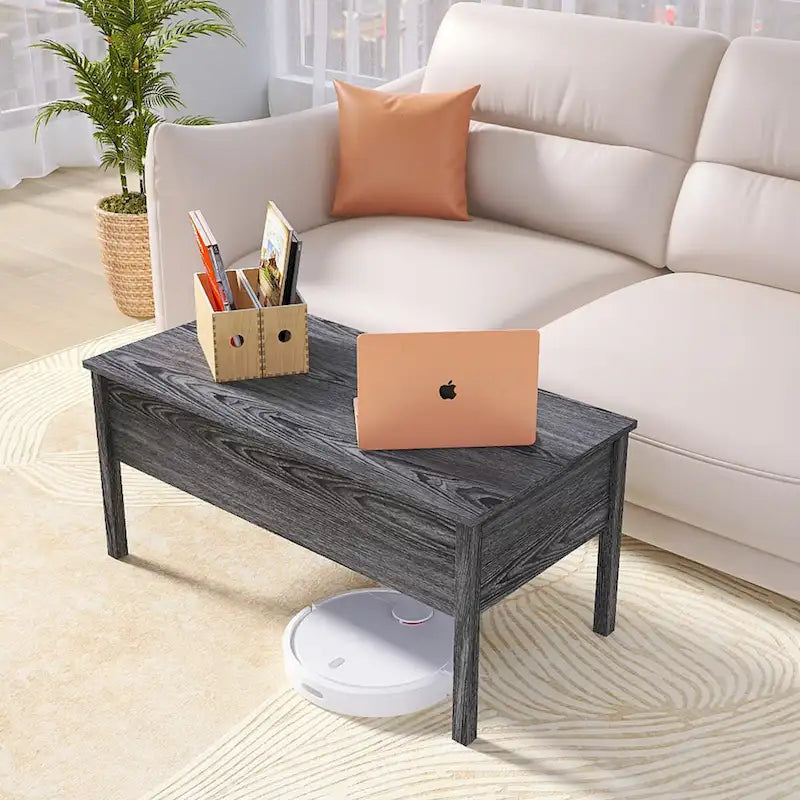 Mesa de centro moderna de madera gris claro con tapa elevable y almacenamiento oculto para la sala