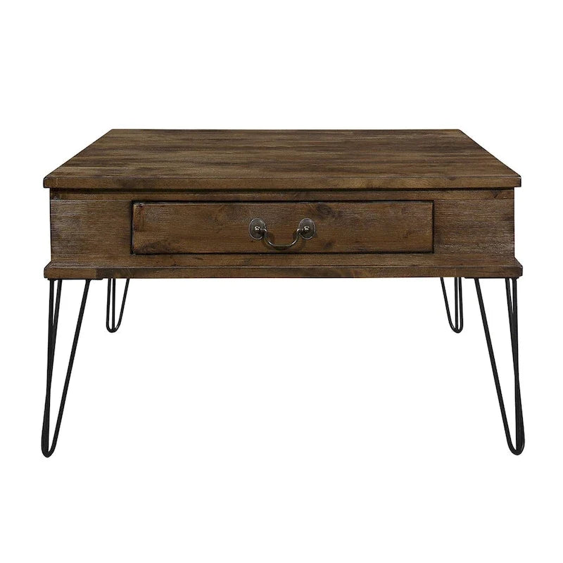 32 Inch Square Cocktail Coffee Table, 2 Drawers, Brown Wood, Black