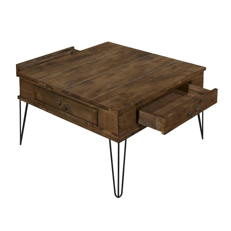 Table basse carrée de 32 pouces, 2 tiroirs, bois marron, noir