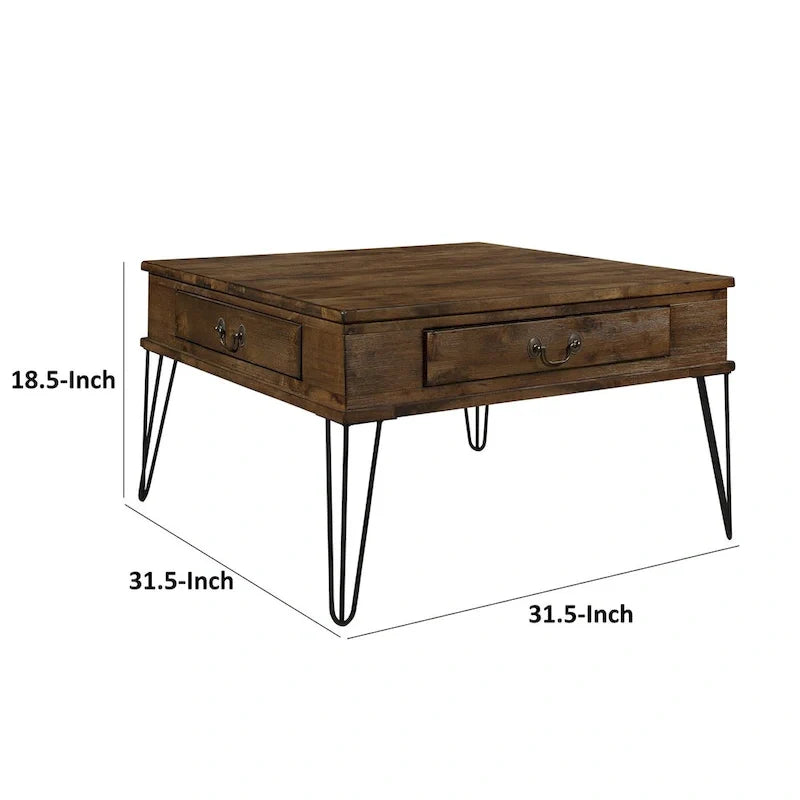Table basse carrée de 32 pouces, 2 tiroirs, bois marron, noir