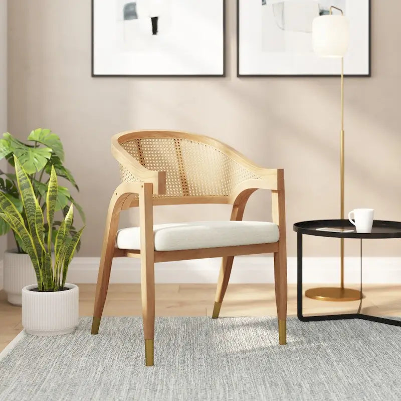 Silla de comedor con respaldo tejido de ratán y asiento tapizado