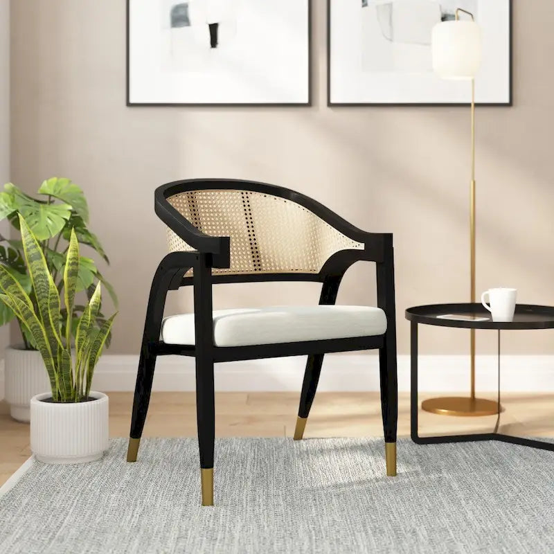 Silla de comedor con respaldo tejido de ratán y asiento tapizado