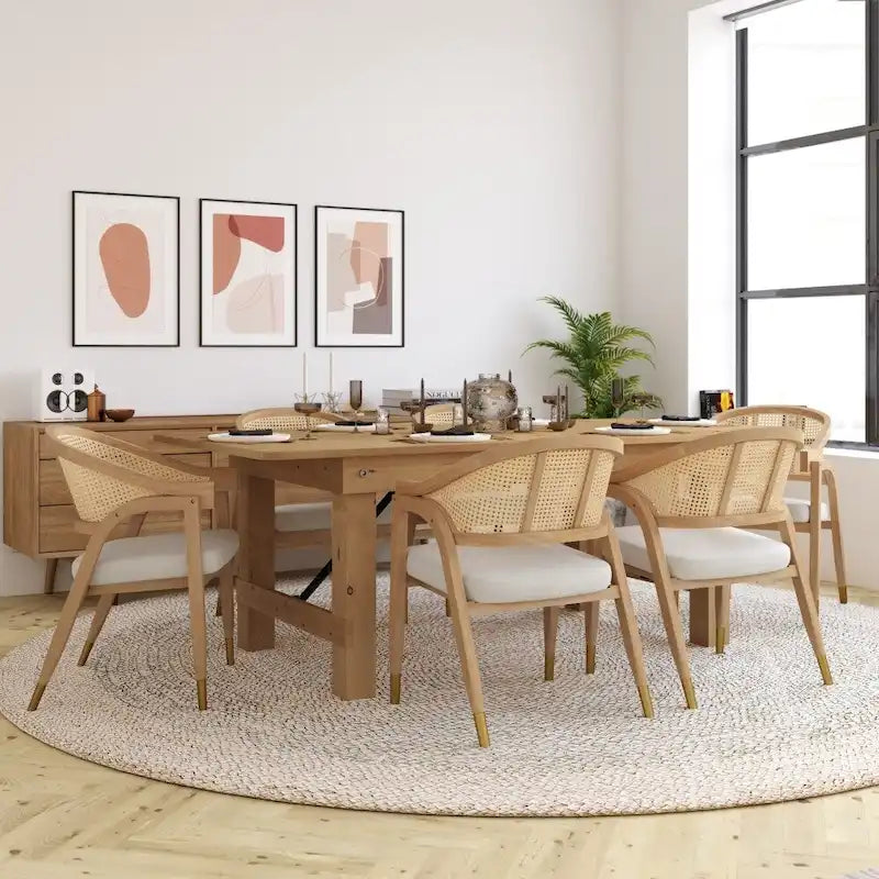 Silla de comedor con respaldo tejido de ratán y asiento tapizado