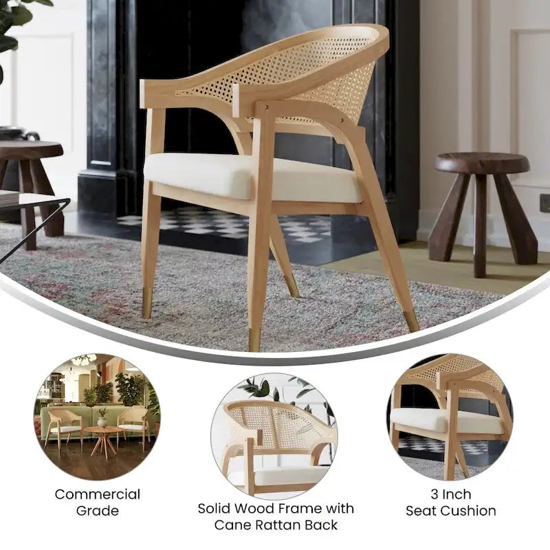 Silla de comedor con respaldo tejido de ratán y asiento tapizado
