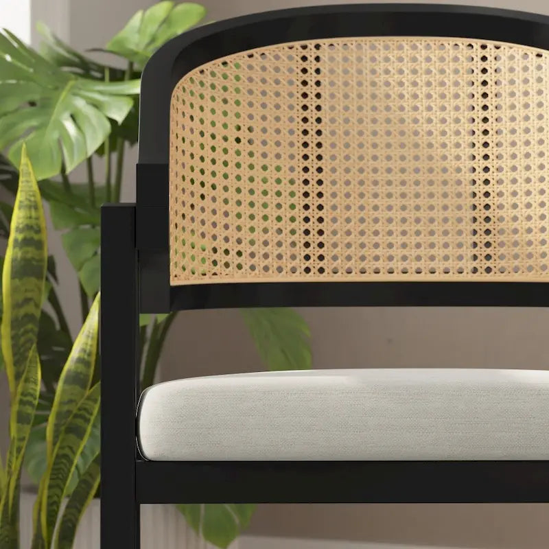 Cane Rattan Woven Back Dining Chair with Upholstered Seat