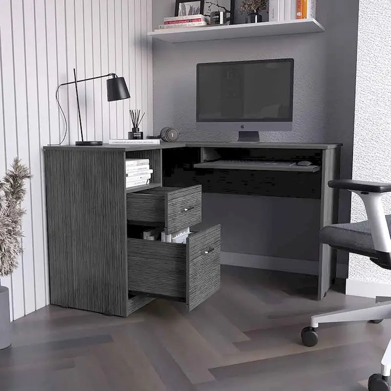 Bureau en forme de L, tablette pour clavier, finition chêne fumé, de haute qualité et durable