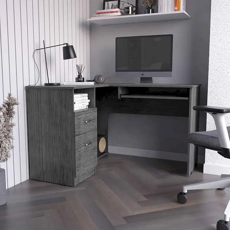 Bureau en forme de L, tablette pour clavier, finition chêne fumé, de haute qualité et durable