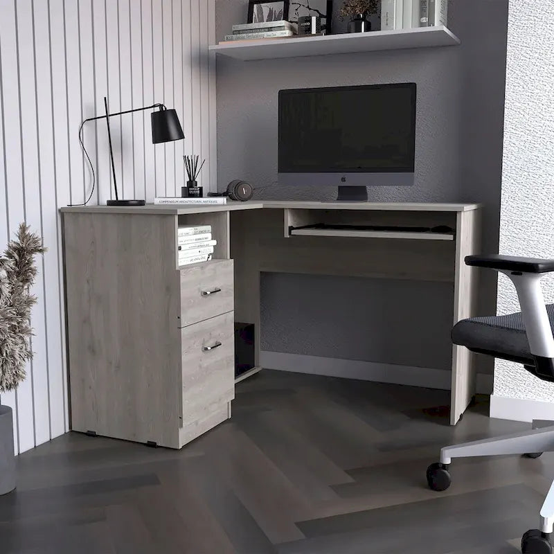 L-förmiger Schreibtisch, Tastaturablage, Oberfläche in Rauch-Eiche, hochwertig und langlebig