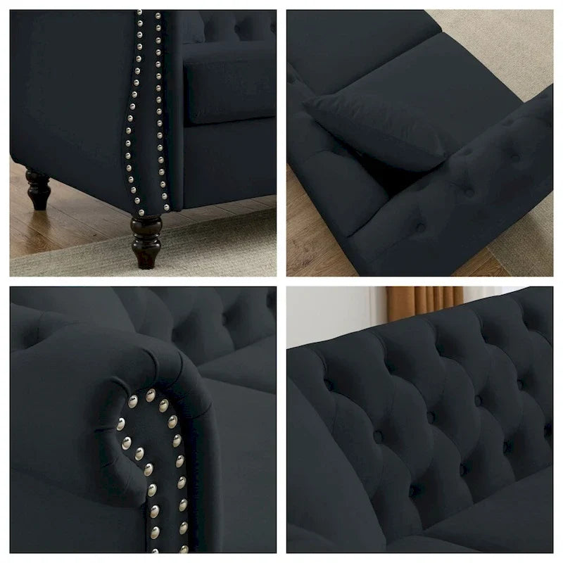 80 3-Sitzer-Samtsofa mit gerollten Armlehnen und zwei Kissen