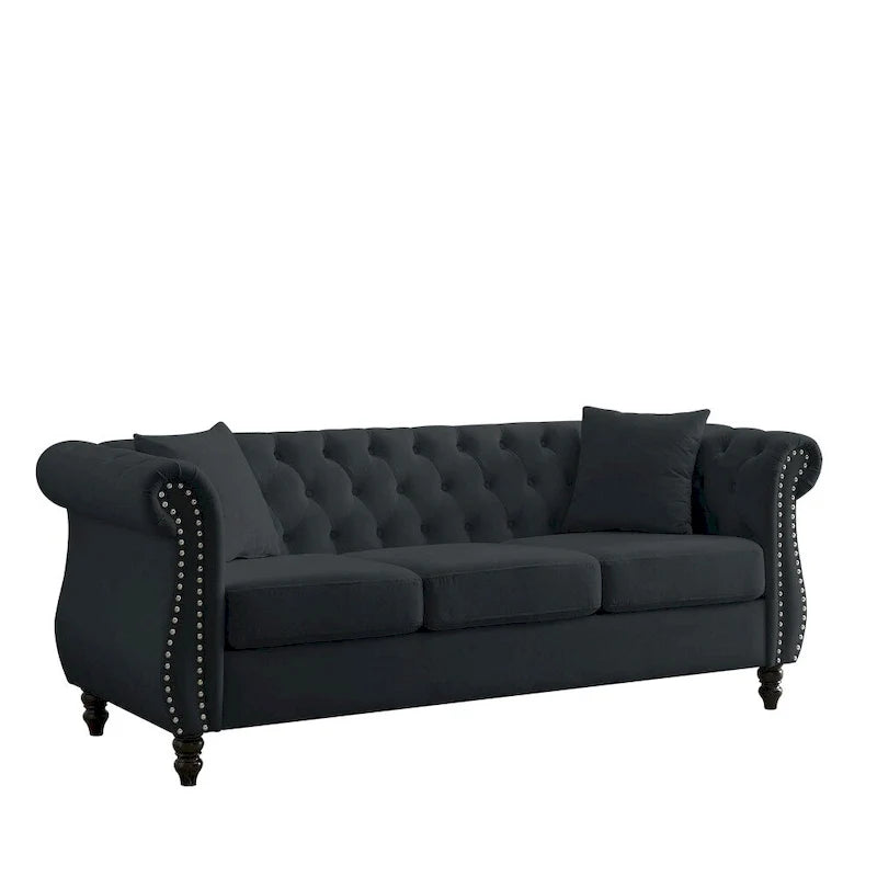 80 3-Sitzer-Samtsofa mit gerollten Armlehnen und zwei Kissen