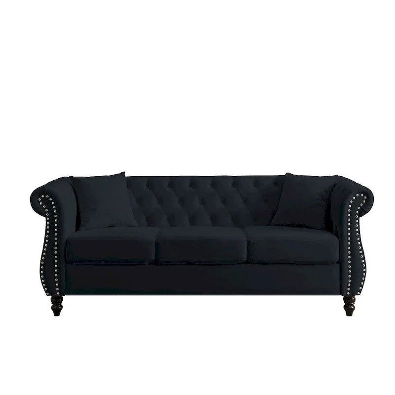 80 3-Sitzer-Samtsofa mit gerollten Armlehnen und zwei Kissen
