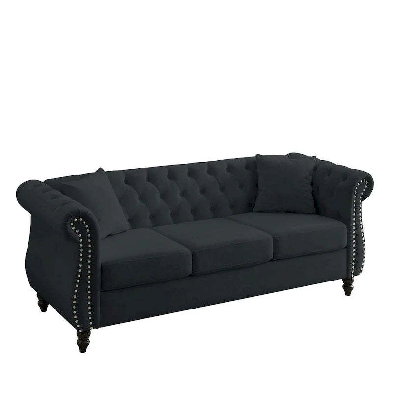 80 3-Sitzer-Samtsofa mit gerollten Armlehnen und zwei Kissen