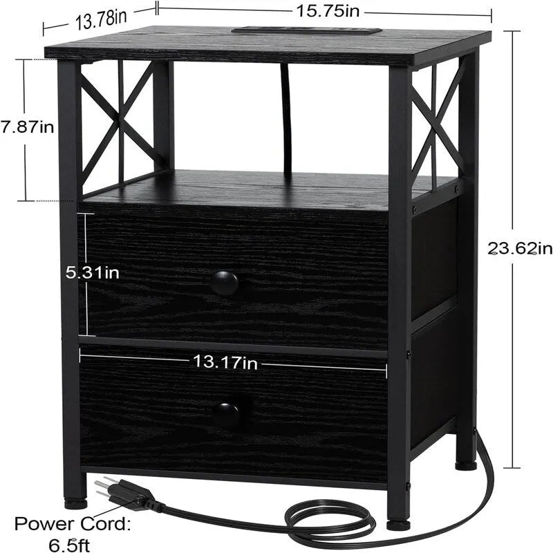 Mesita de noche negra con estación de carga - 15.7D x 13.8W x 23.8H