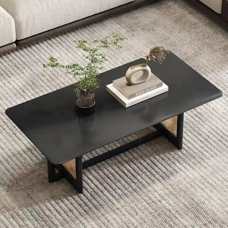 Mesa de centro de estilo chino, de madera maciza blanca y ratán de imitación