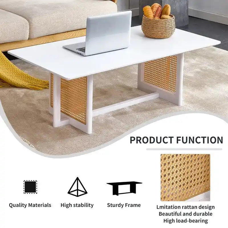 Mesa de centro de estilo chino, de madera maciza blanca y ratán de imitación