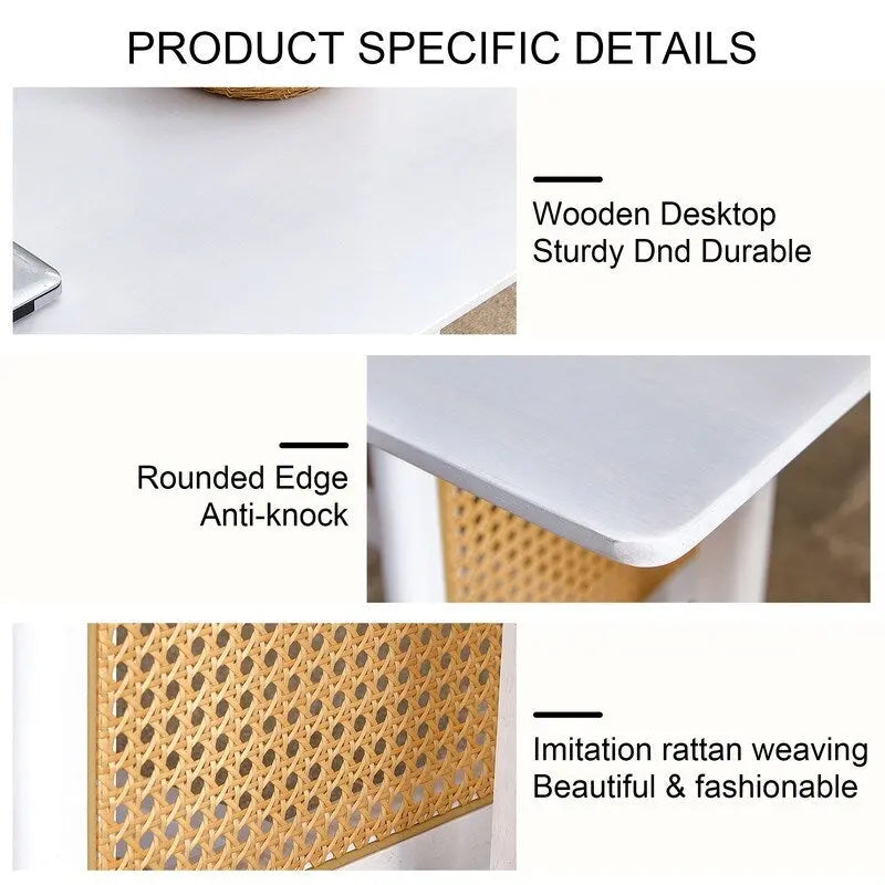 Mesa de centro de estilo chino, de madera maciza blanca y ratán de imitación
