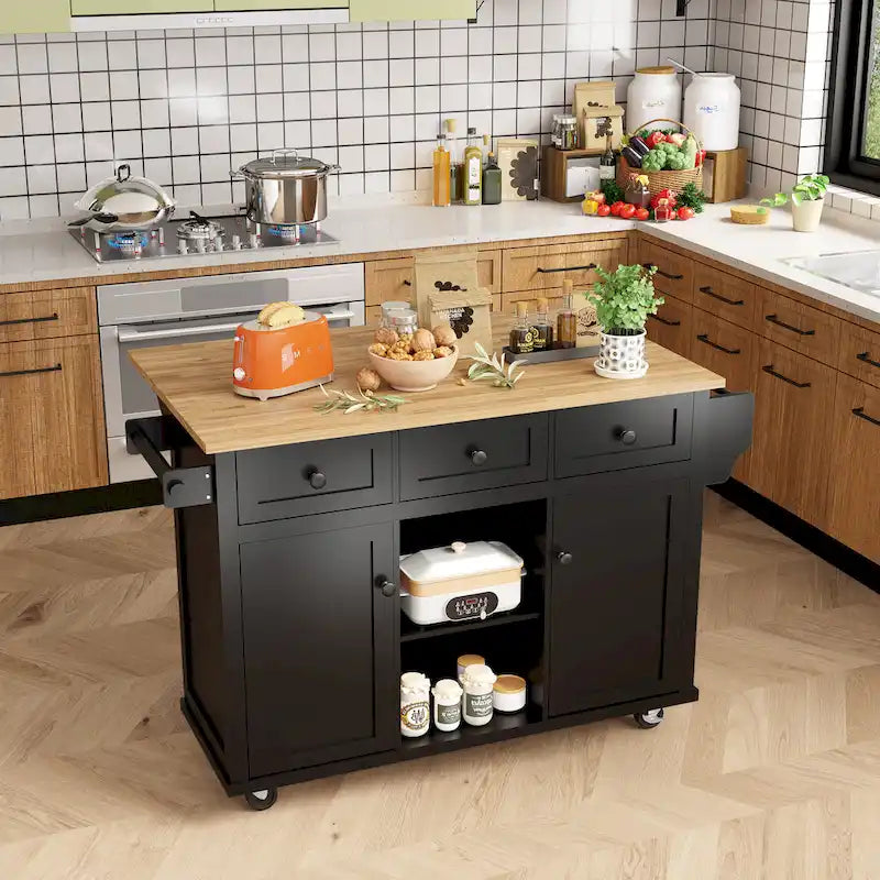 Kitchen Island on 5 Wheels with Storage Cabinet and 3 Drawers