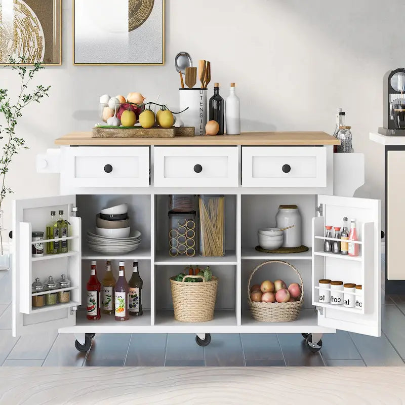 Îlot de cuisine sur 5 roues avec armoire de rangement et 3 tiroirs