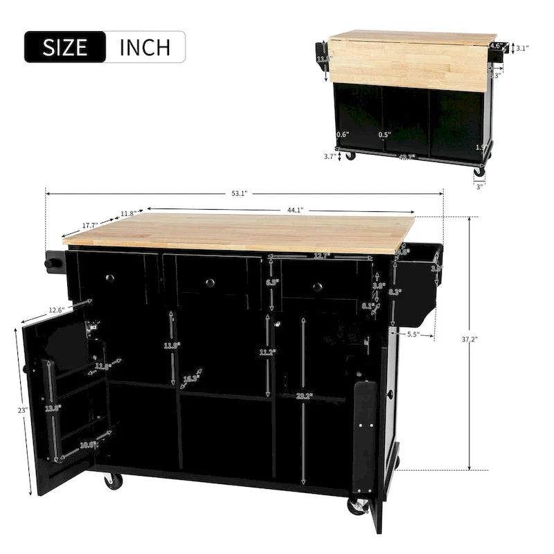 Îlot de cuisine sur 5 roues avec armoire de rangement et 3 tiroirs