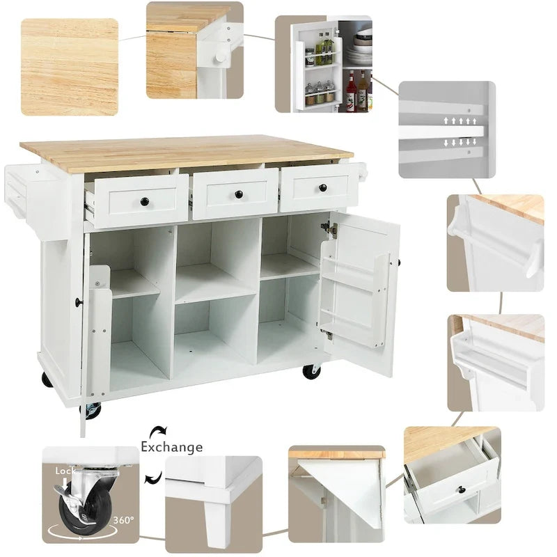 Îlot de cuisine sur 5 roues avec armoire de rangement et 3 tiroirs