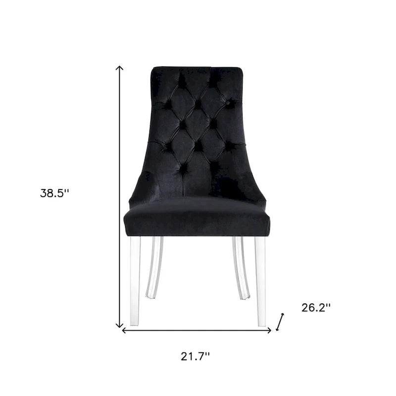 Juego de dos sillas auxiliares de comedor tapizadas en terciopelo negro y transparente, con capitoné