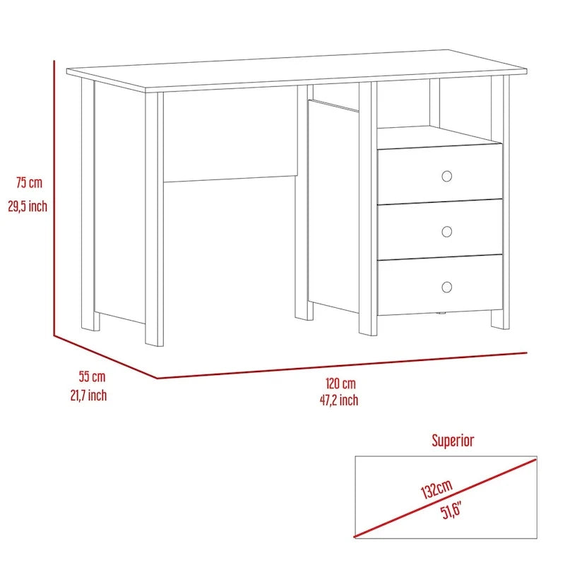 Escritorio para computadora, tres cajones, un estante, mesa para computadora para sala o dormitorio