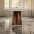 Cid Xeu 54 Inch Dining Table, Round Walnut Veneer, Slatted Pedestal Base