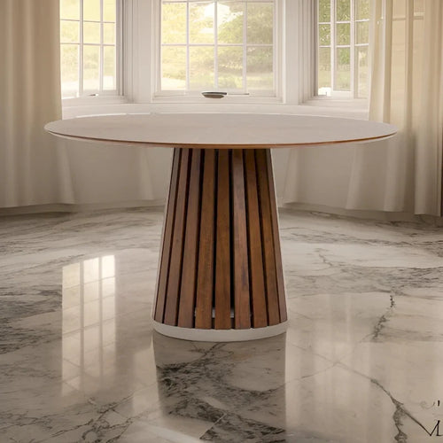 Cid Xeu 54 Inch Dining Table, Round Walnut Veneer, Slatted Pedestal Base