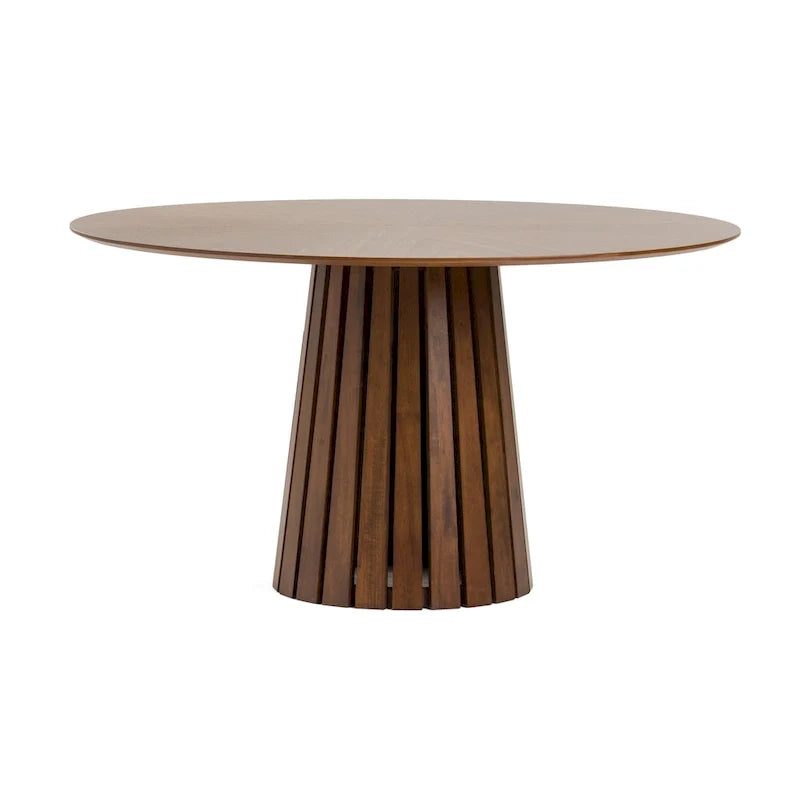 Table à manger de 54 pouces, placage de noyer rond, piètement à socle cannelé