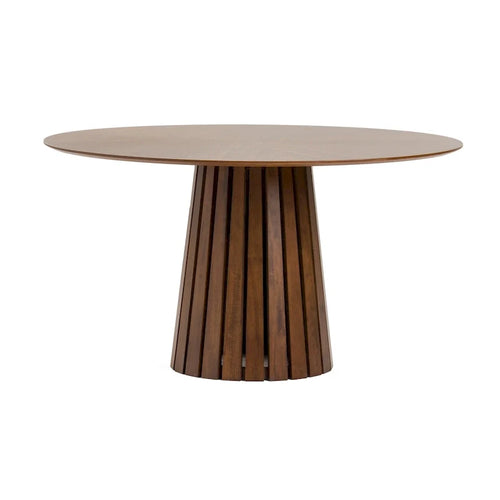 Table à manger de 54 pouces, placage de noyer rond, piètement à socle cannelé