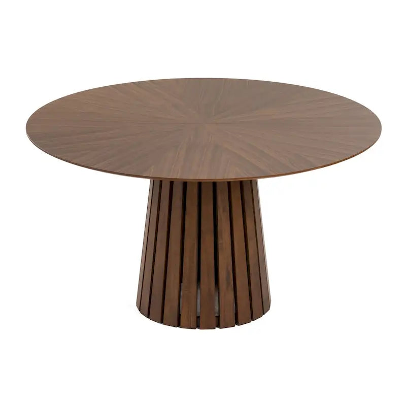 Mesa de comedor de 54 pulgadas, chapa de nogal redonda y base de pedestal con listones