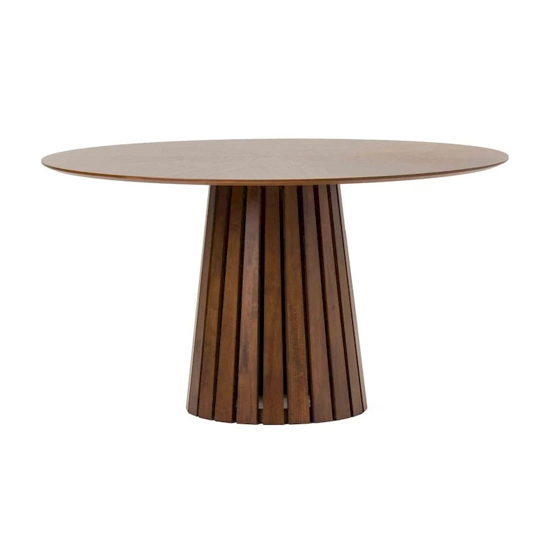 Mesa de comedor de 54 pulgadas, chapa de nogal redonda y base de pedestal con listones