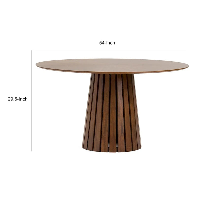 Table à manger de 54 pouces, placage de noyer rond, piètement à socle cannelé