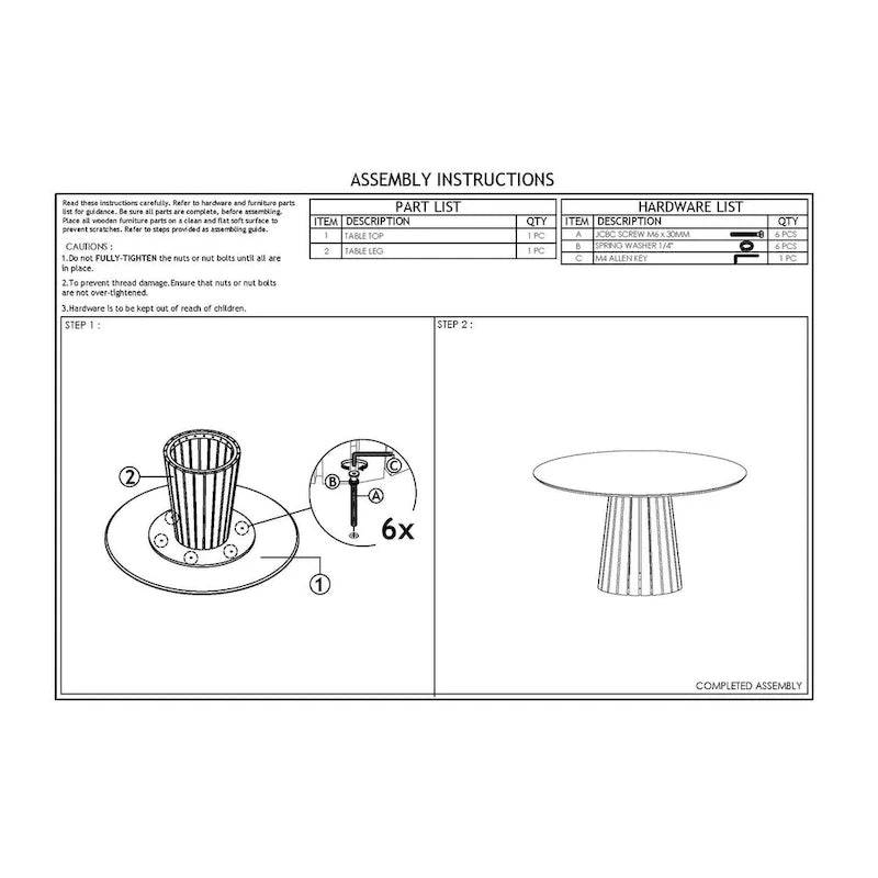 Table à manger de 54 pouces, placage de noyer rond, piètement à socle cannelé